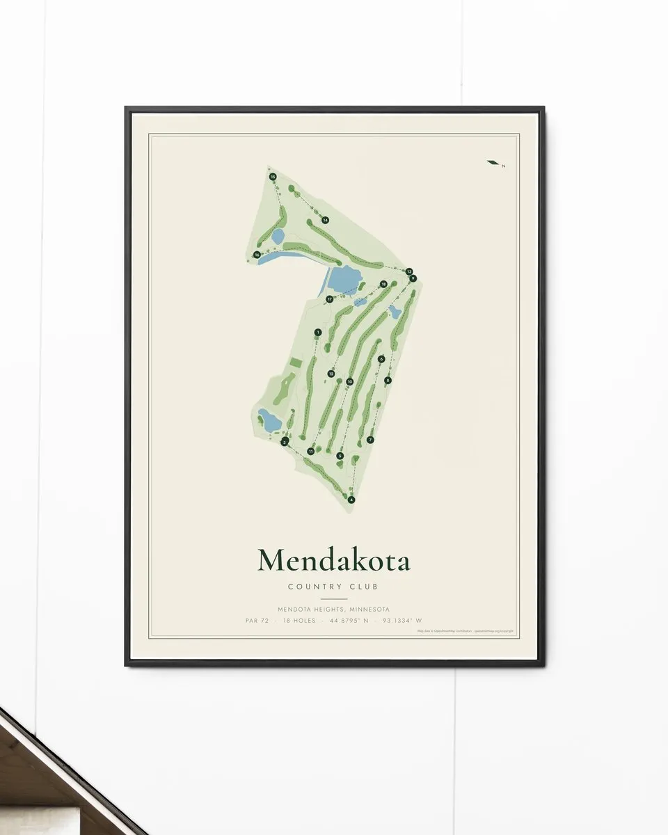 Mendakota Country Club golf course map print framed on a wall