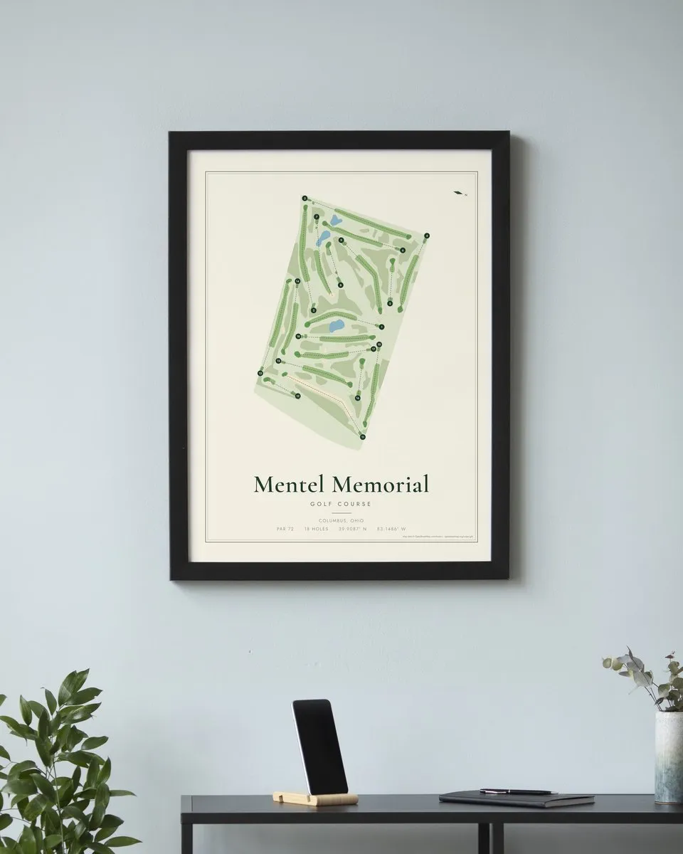 Mentel Memorial Golf Course golf course map print framed on a wall