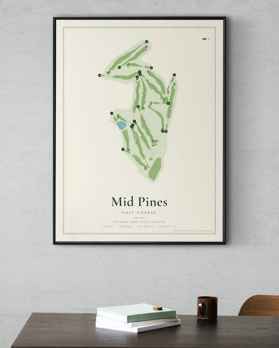 Mid Pines golf course map print framed on a wall