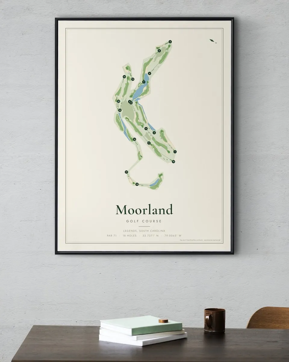 Moorland Golf Course golf course map print framed on a wall