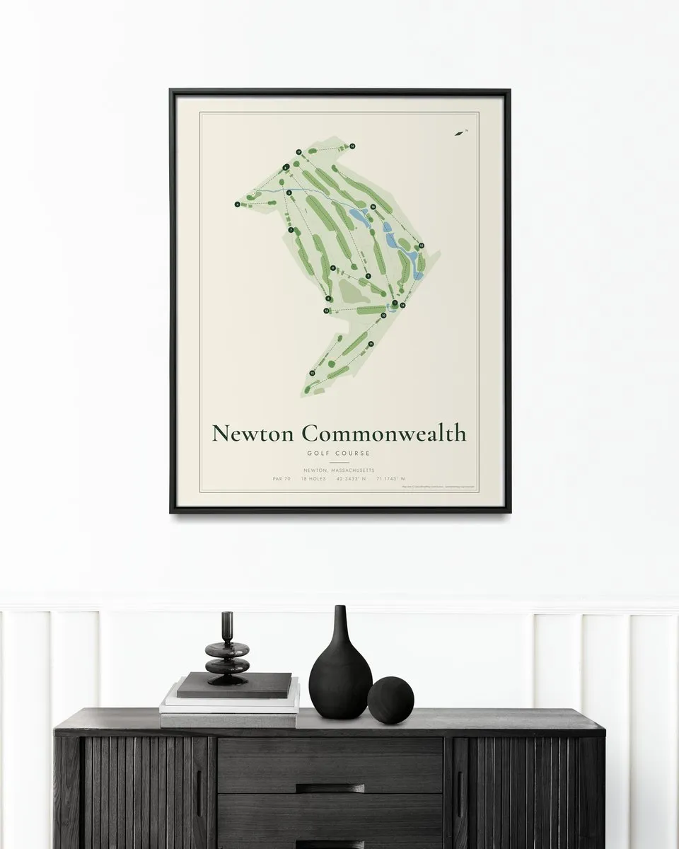 Newton Commonwealth Golf Course golf course map print framed on a wall