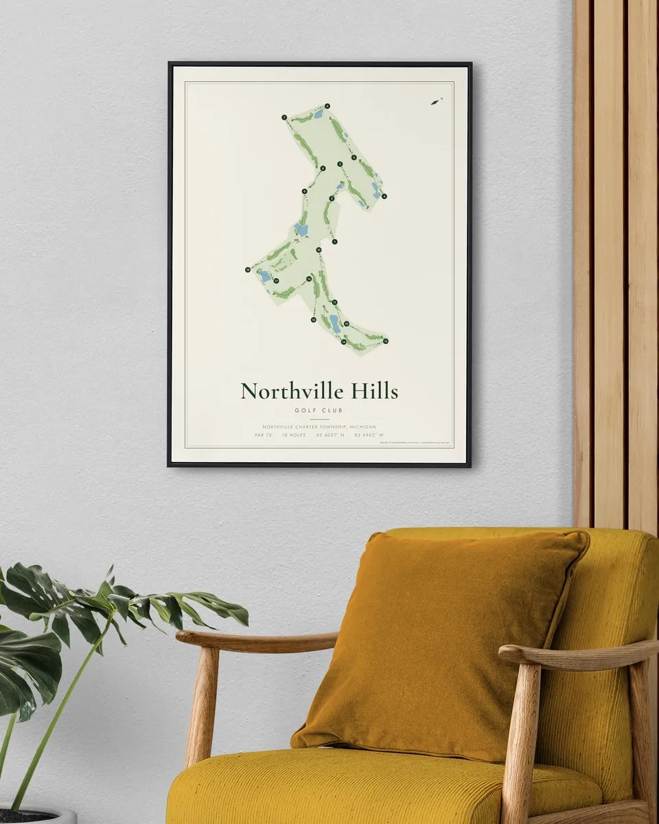 Northville Hills Golf Club golf course map print framed on a wall