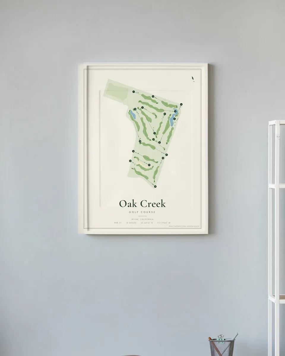 Oak Creek Golf Course (Irvine) golf course map print framed on a wall