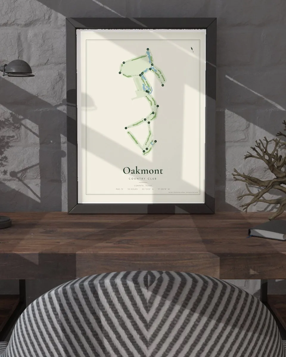Oakmont Country Club golf course map print framed on a wall