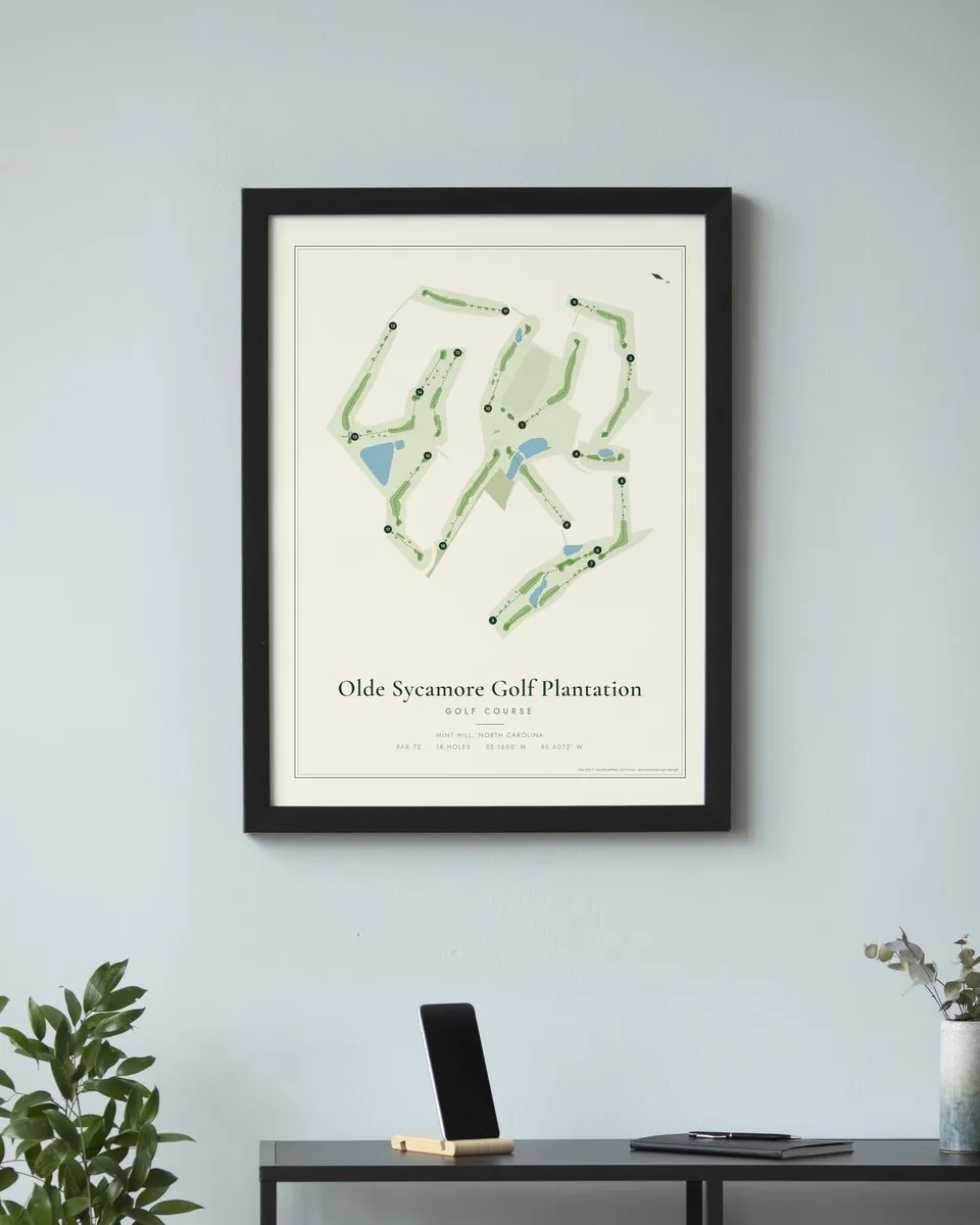 Olde Sycamore Golf Plantation golf course map print framed on a wall