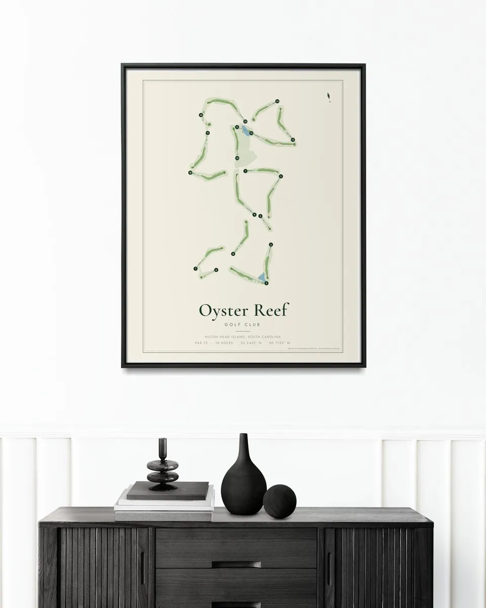 Oyster Reef Golf Club golf course map print framed on a wall