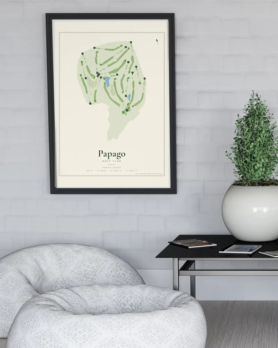 Papago Golf Club golf course map print framed on a wall