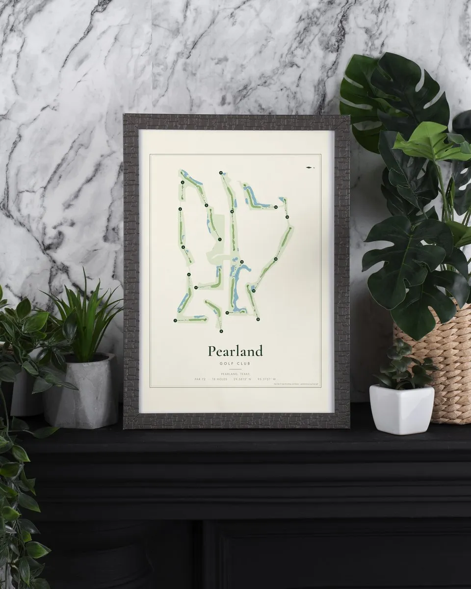 Pearland Golf Club golf course map print framed on a wall