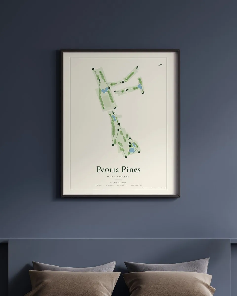 Peoria Pines Golf Course (Country Meadows) golf course map print framed on a wall