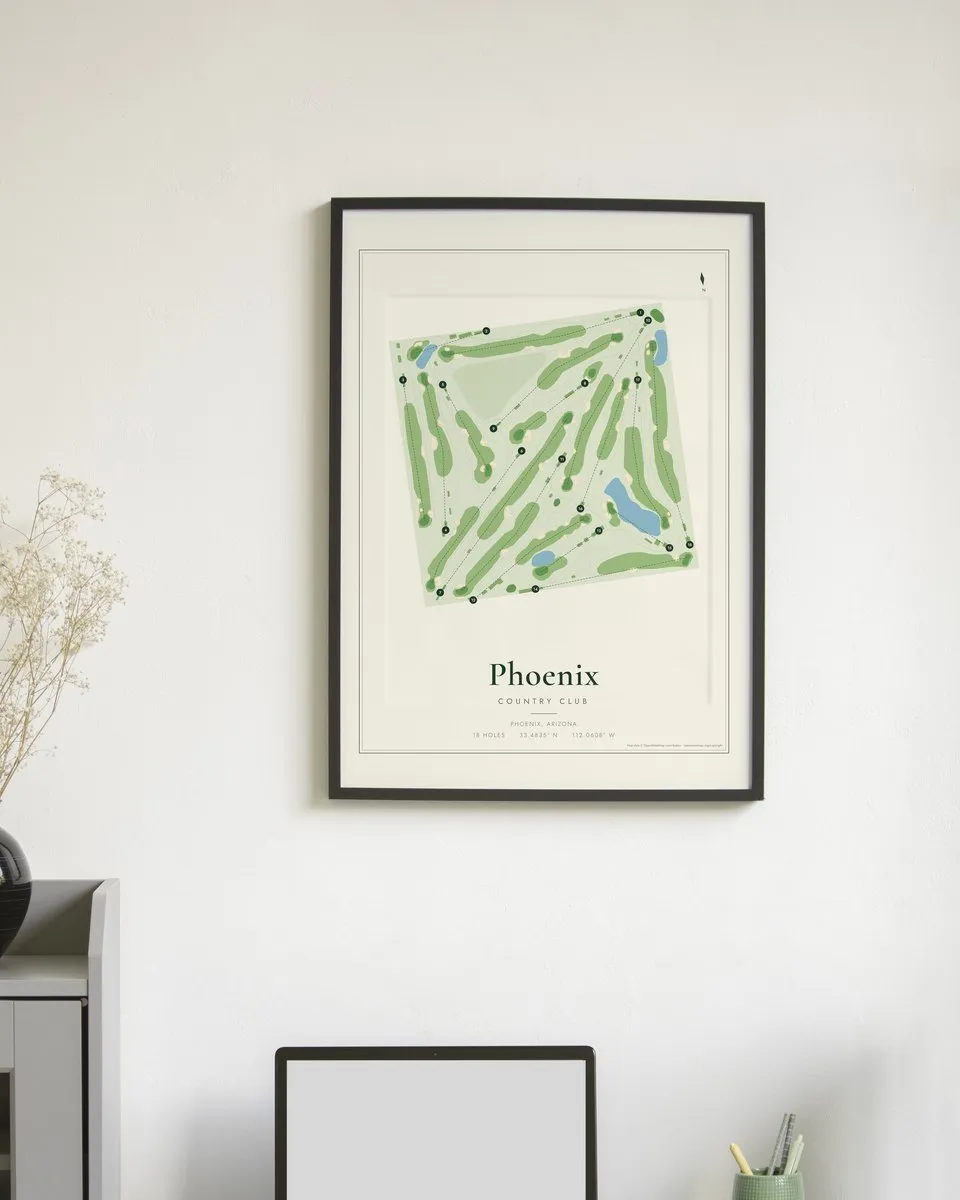 Phoenix Country Club golf course map print framed on a wall