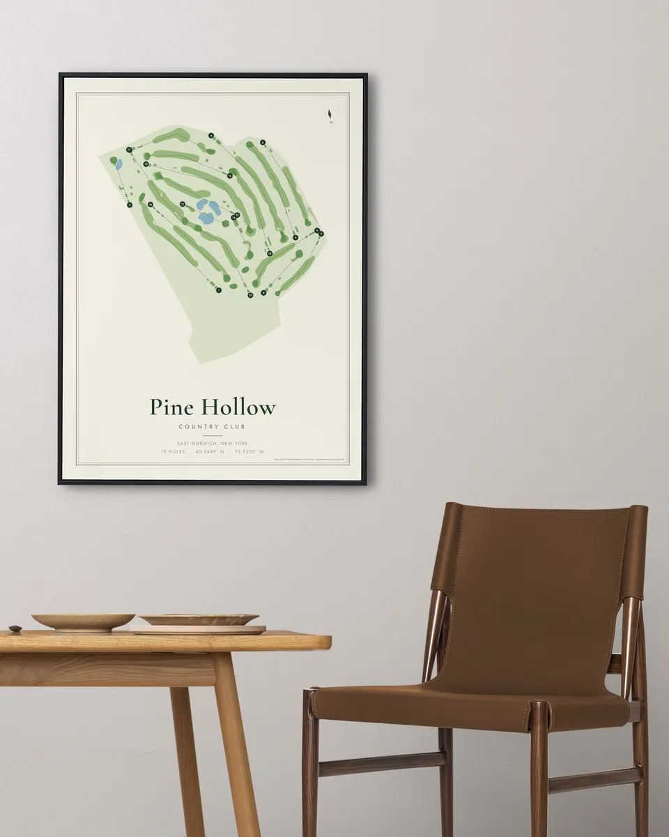 Pine Hollow Country Club golf course map print framed on a wall