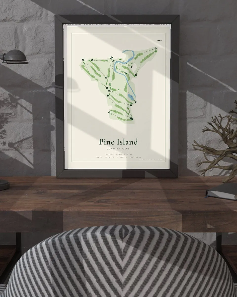 Pine Island Country Club golf course map print framed on a wall