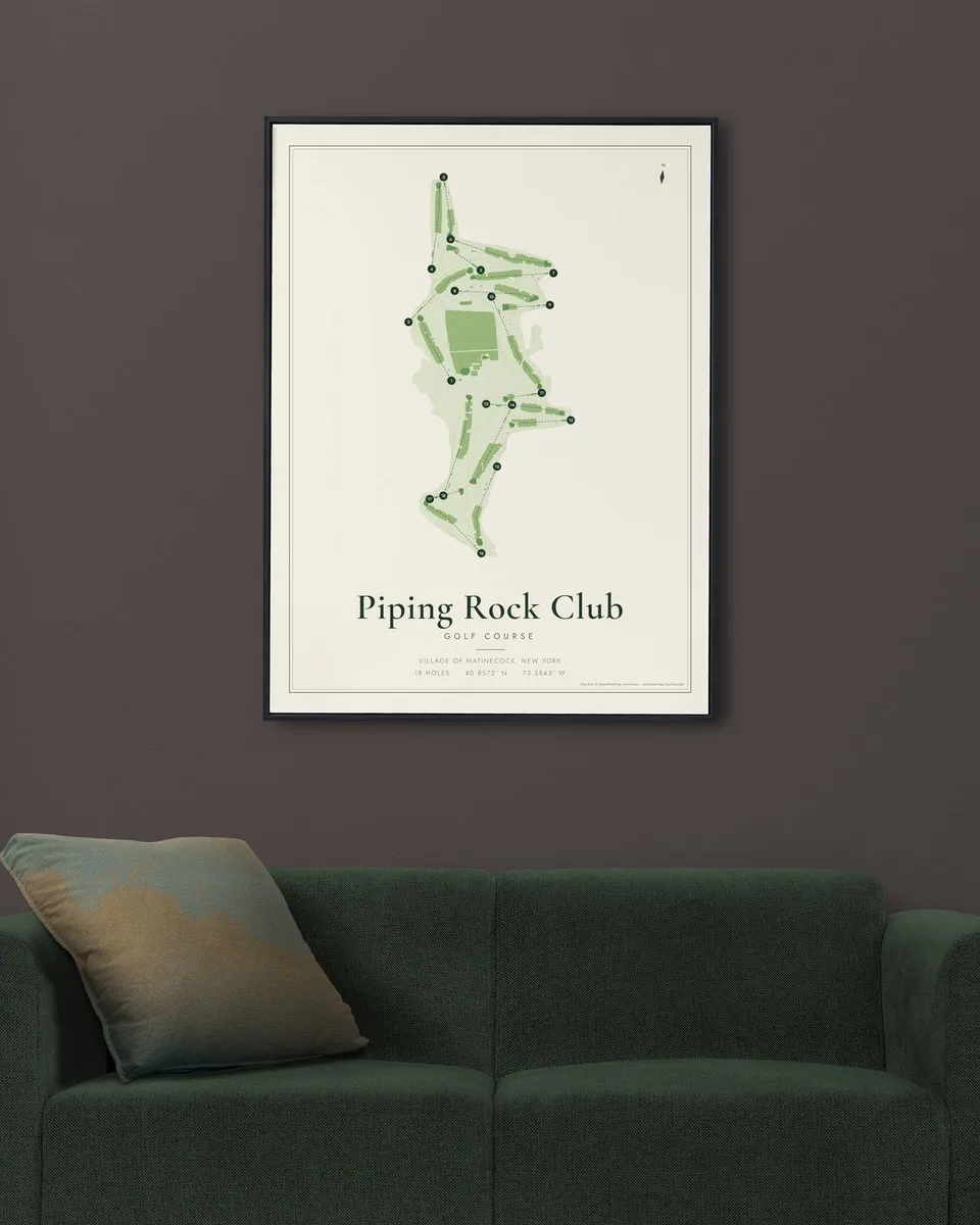 Piping Rock Club golf course map print framed on a wall