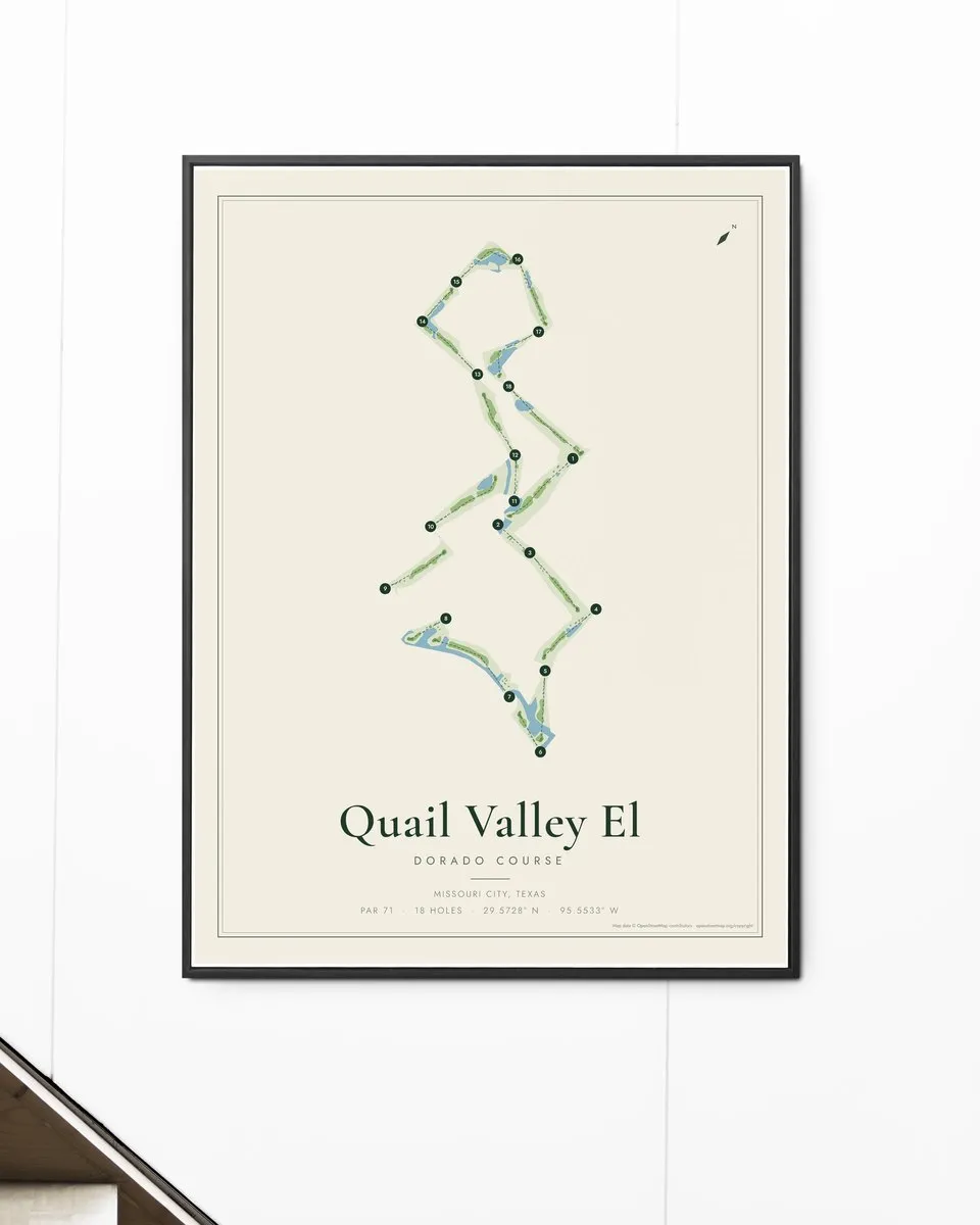 Quail Valley El Dorado Course golf course map print framed on a wall