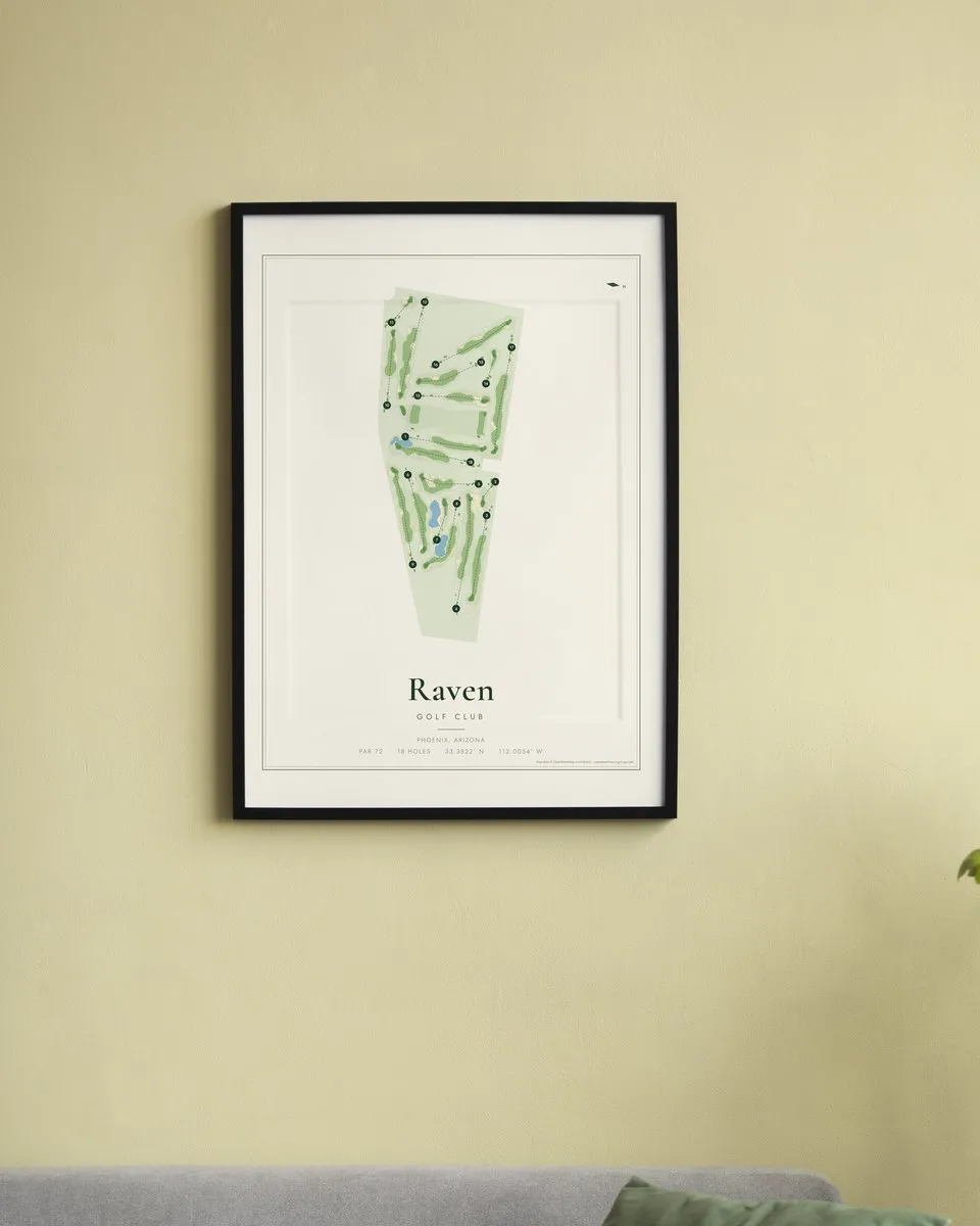 Raven Golf Club - Phoenix golf course map print framed on a wall