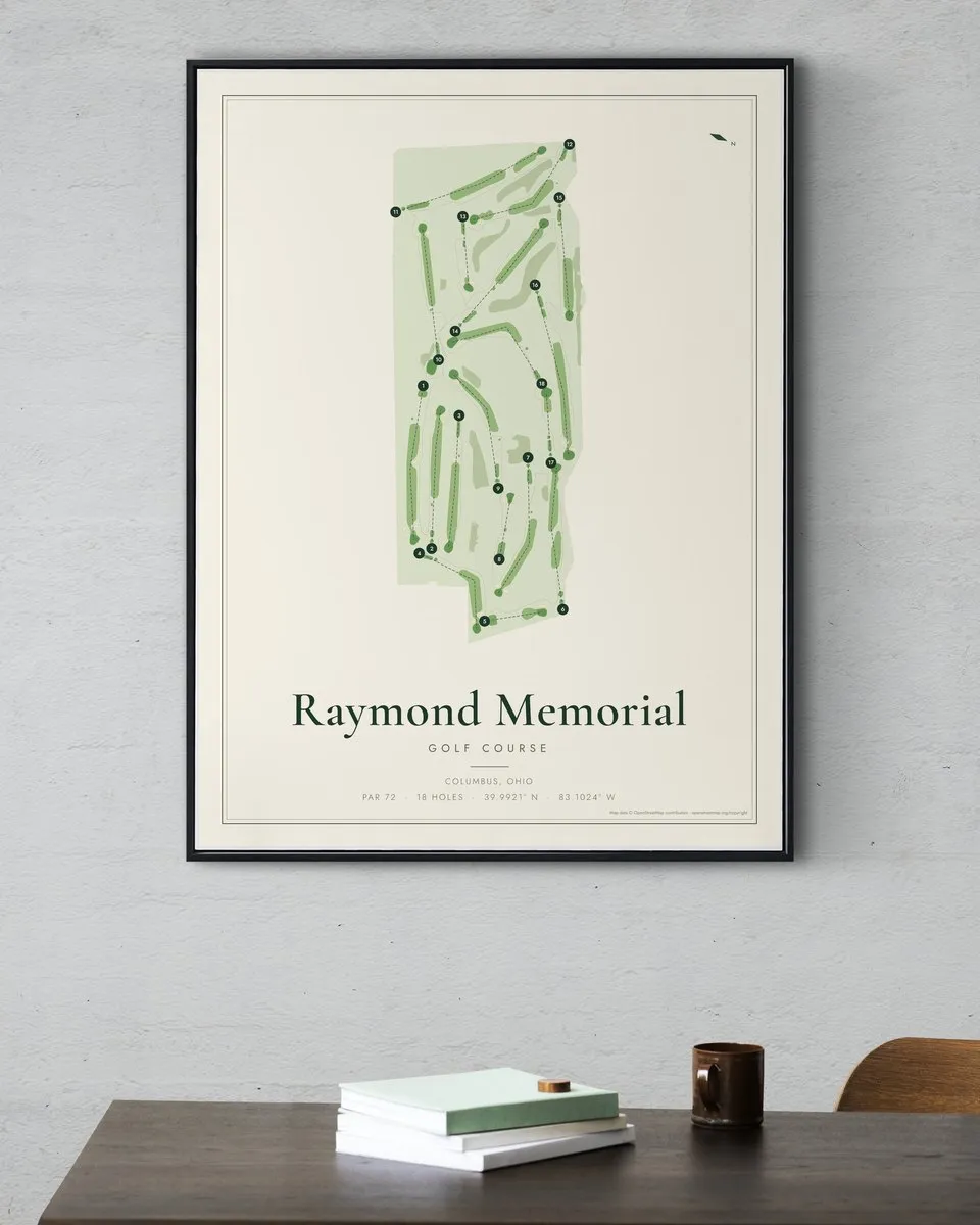 Raymond Memorial Golf Course golf course map print framed on a wall