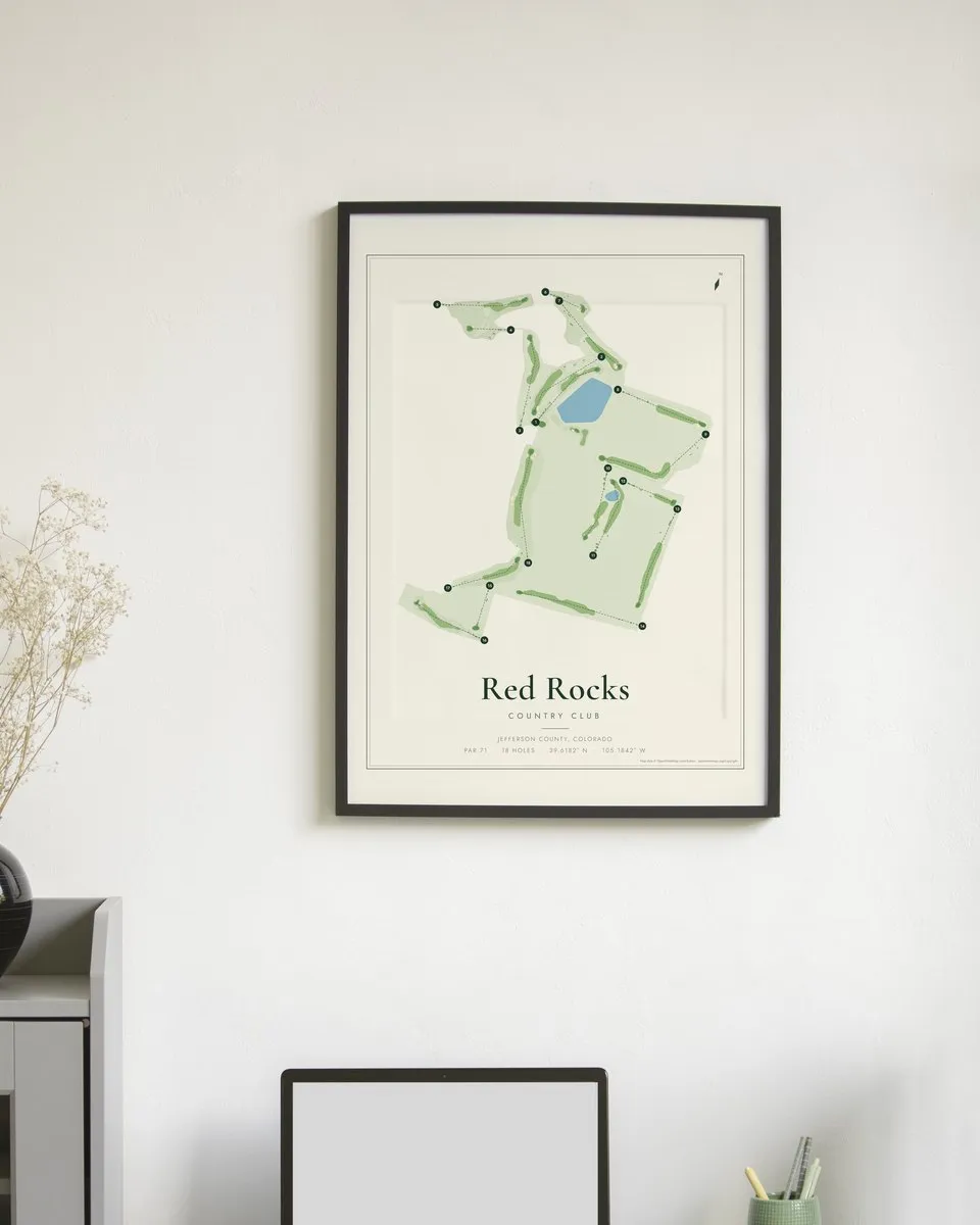 Red Rocks Country Club golf course map print framed on a wall