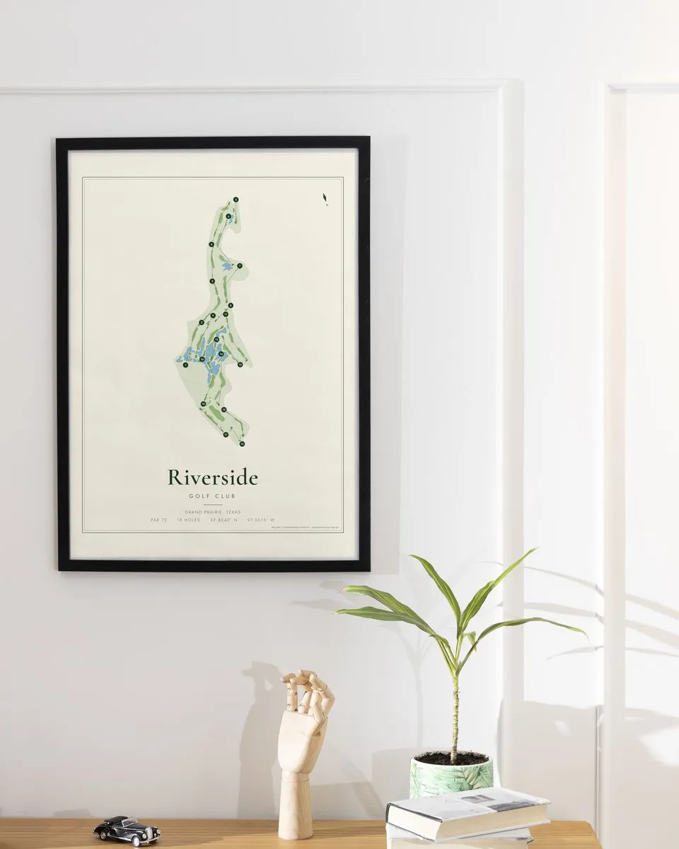 Riverside Golf Club golf course map print framed on a wall