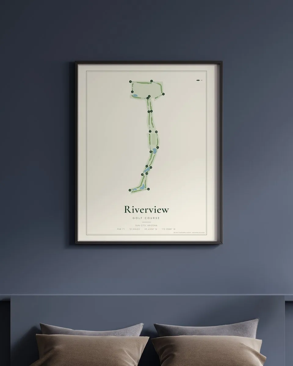 Riverview Golf Course golf course map print framed on a wall