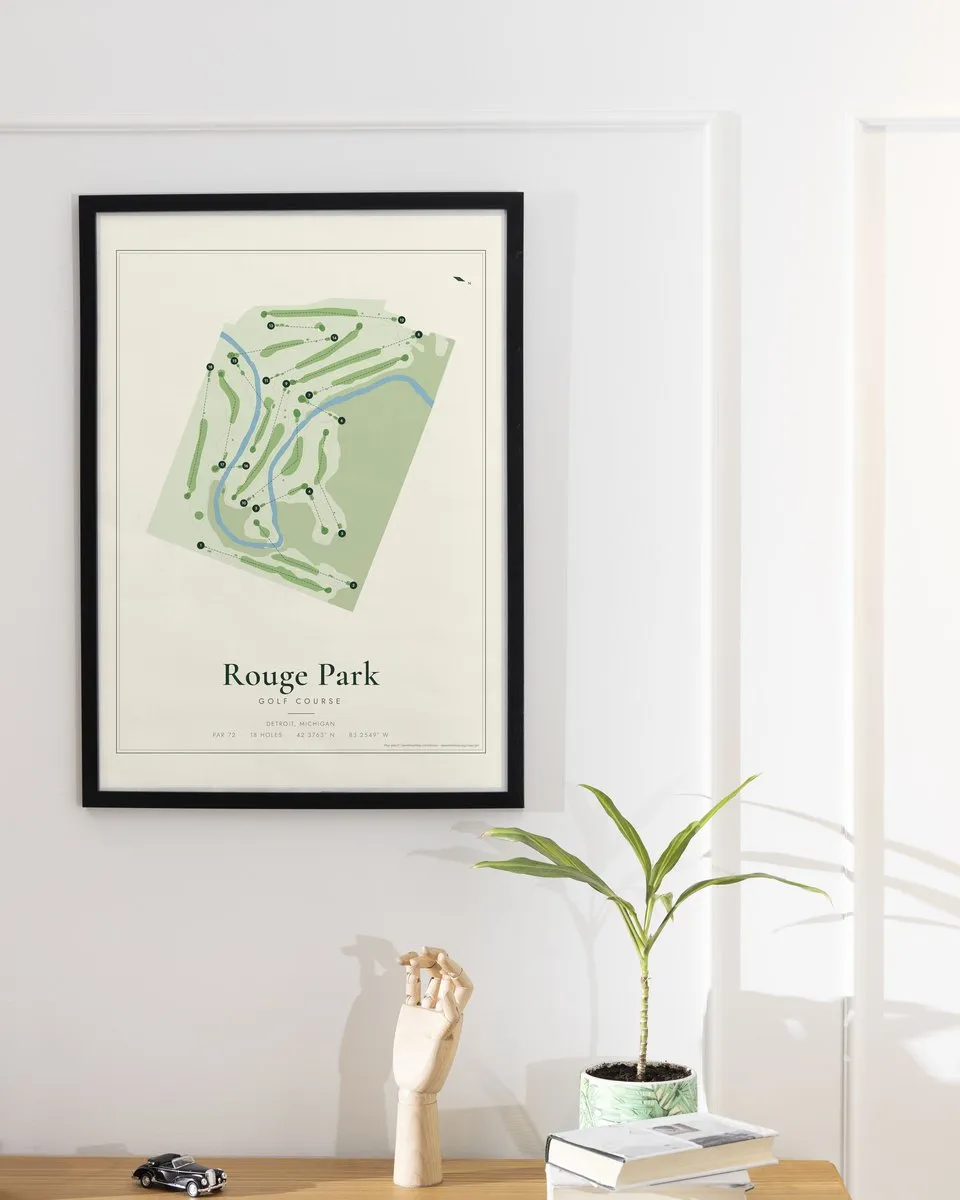 Rouge Park Golf Course golf course map print framed on a wall