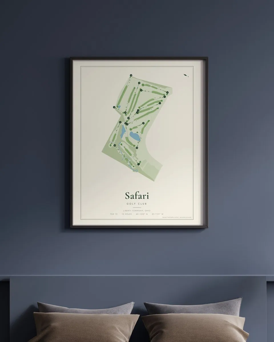 Safari Golf Club golf course map print framed on a wall