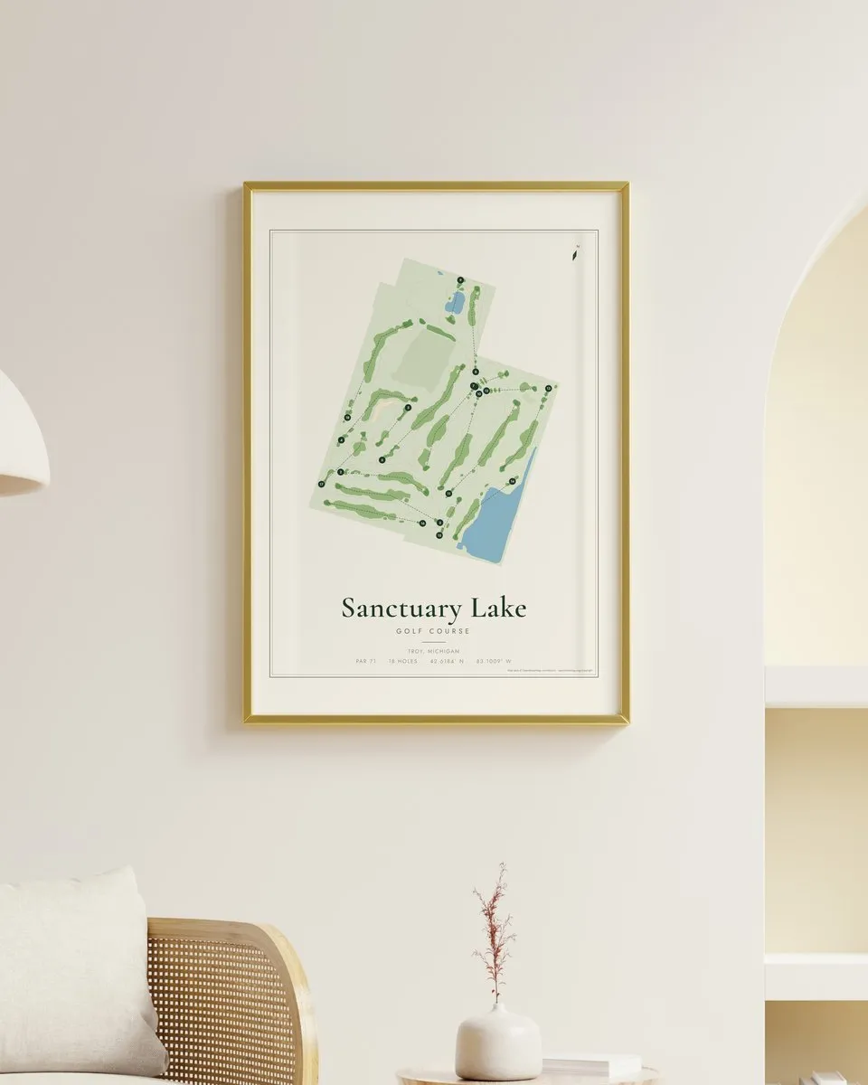 Sanctuary Lake Golf Course golf course map print framed on a wall
