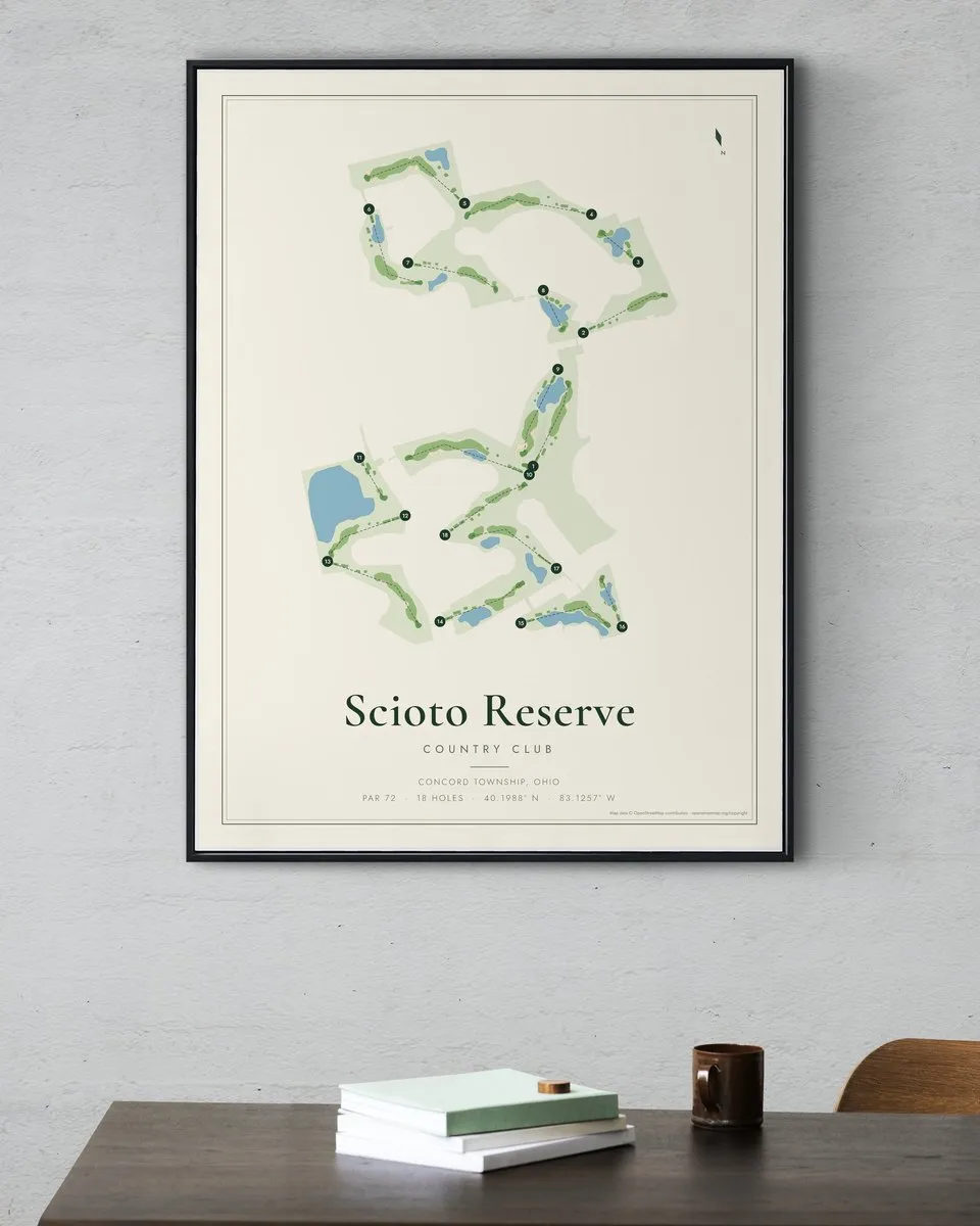 Scioto Reserve Country Club golf course map print framed on a wall