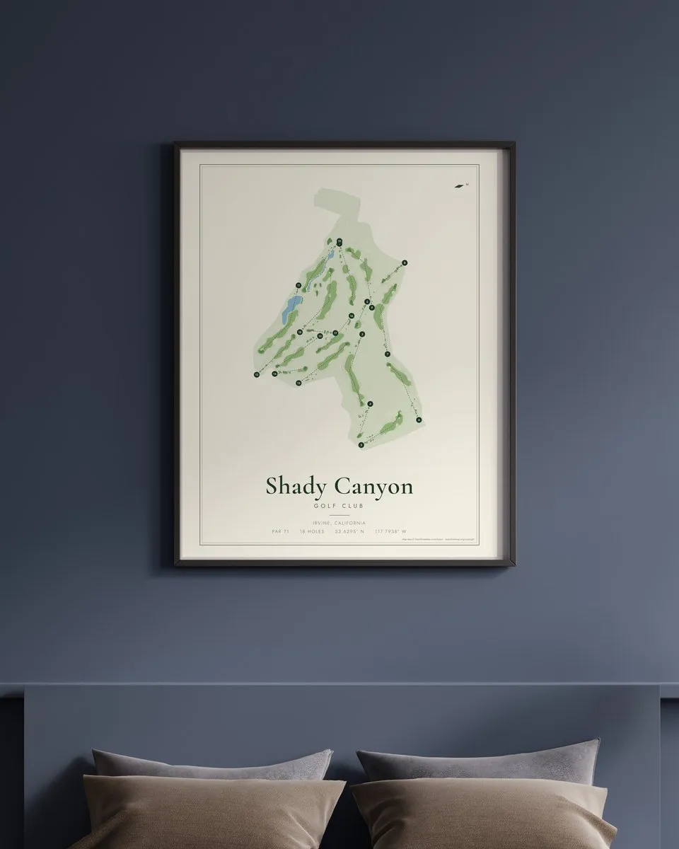 Shady Canyon Golf Club golf course map print framed on a wall