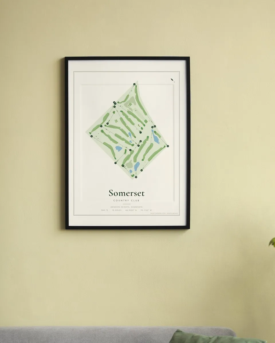 Somerset Country Club golf course map print framed on a wall