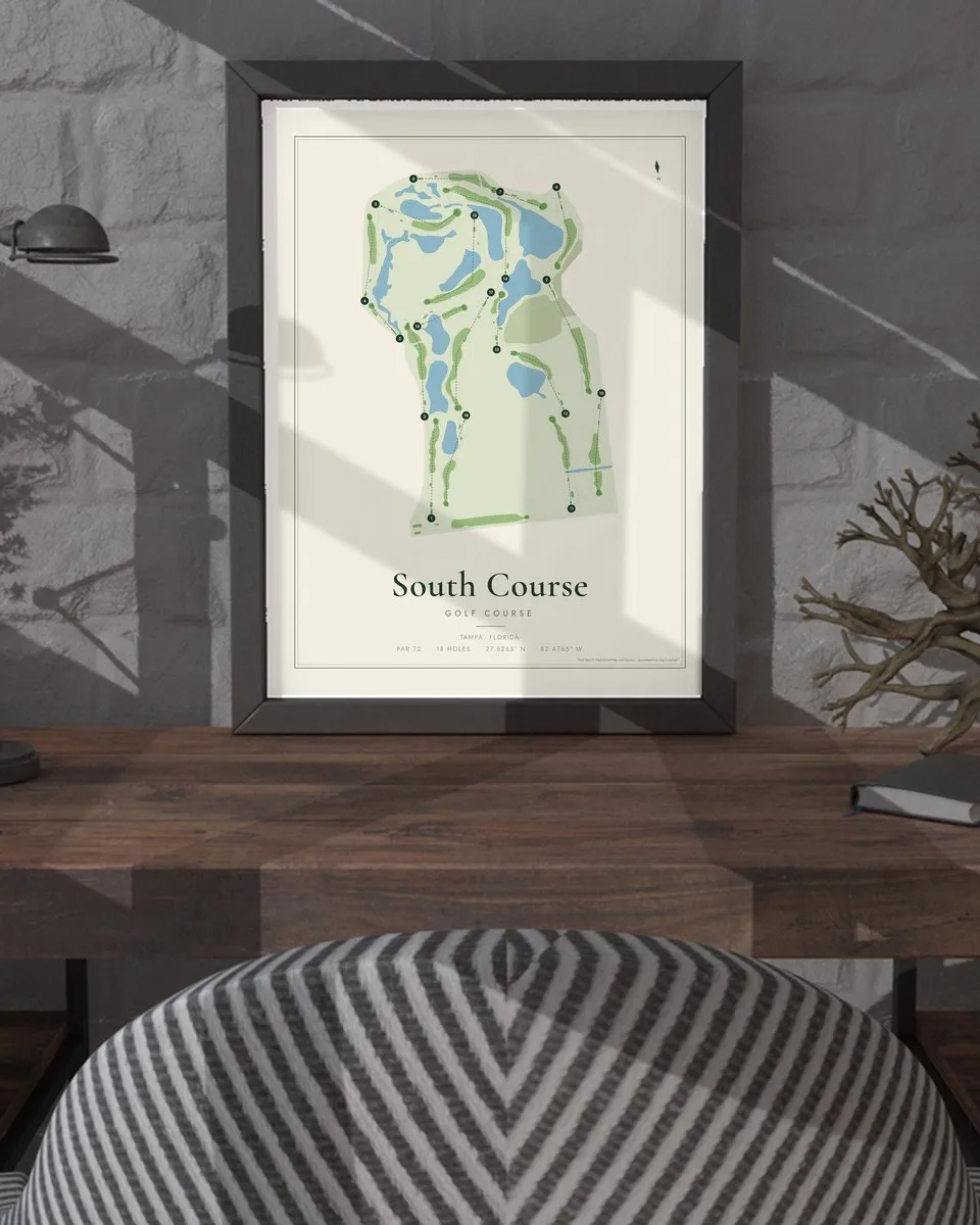 South Course golf course map print framed on a wall