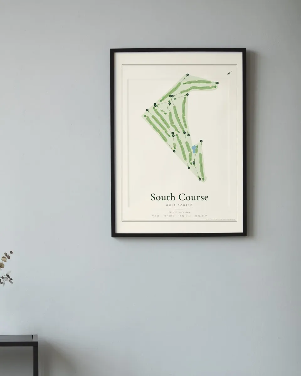 South Course golf course map print framed on a wall