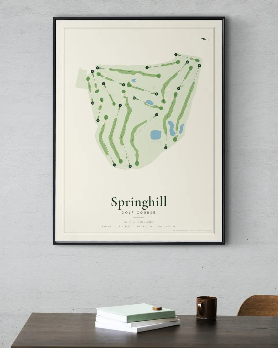 Springhill Golf Course golf course map print framed on a wall