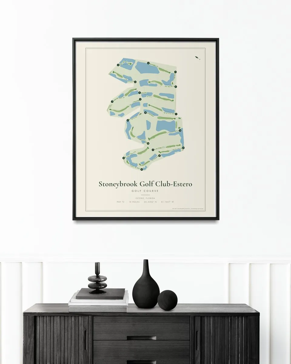 Stoneybrook Golf Club-Estero golf course map print framed on a wall