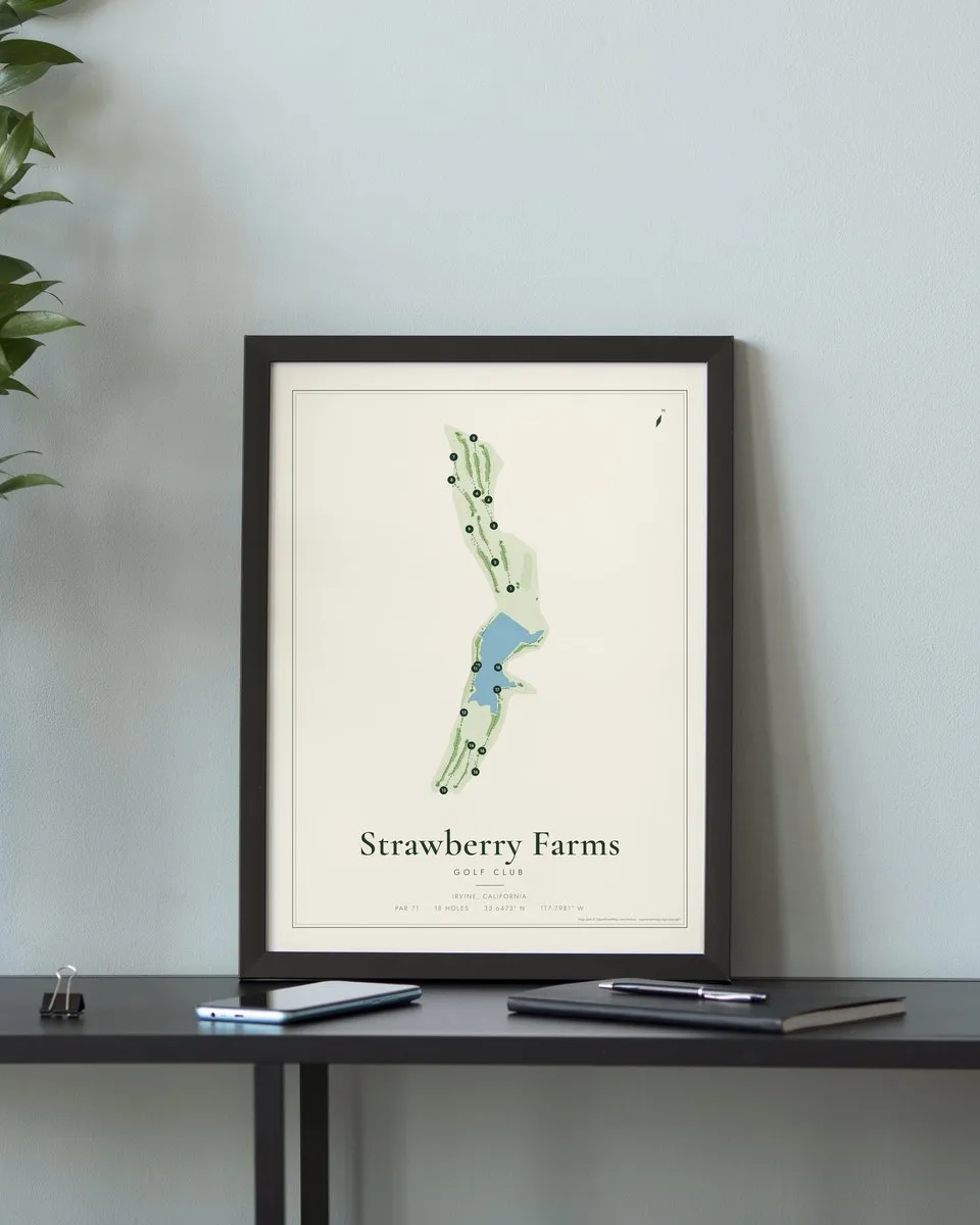 Strawberry Farms Golf Club golf course map print framed on a wall