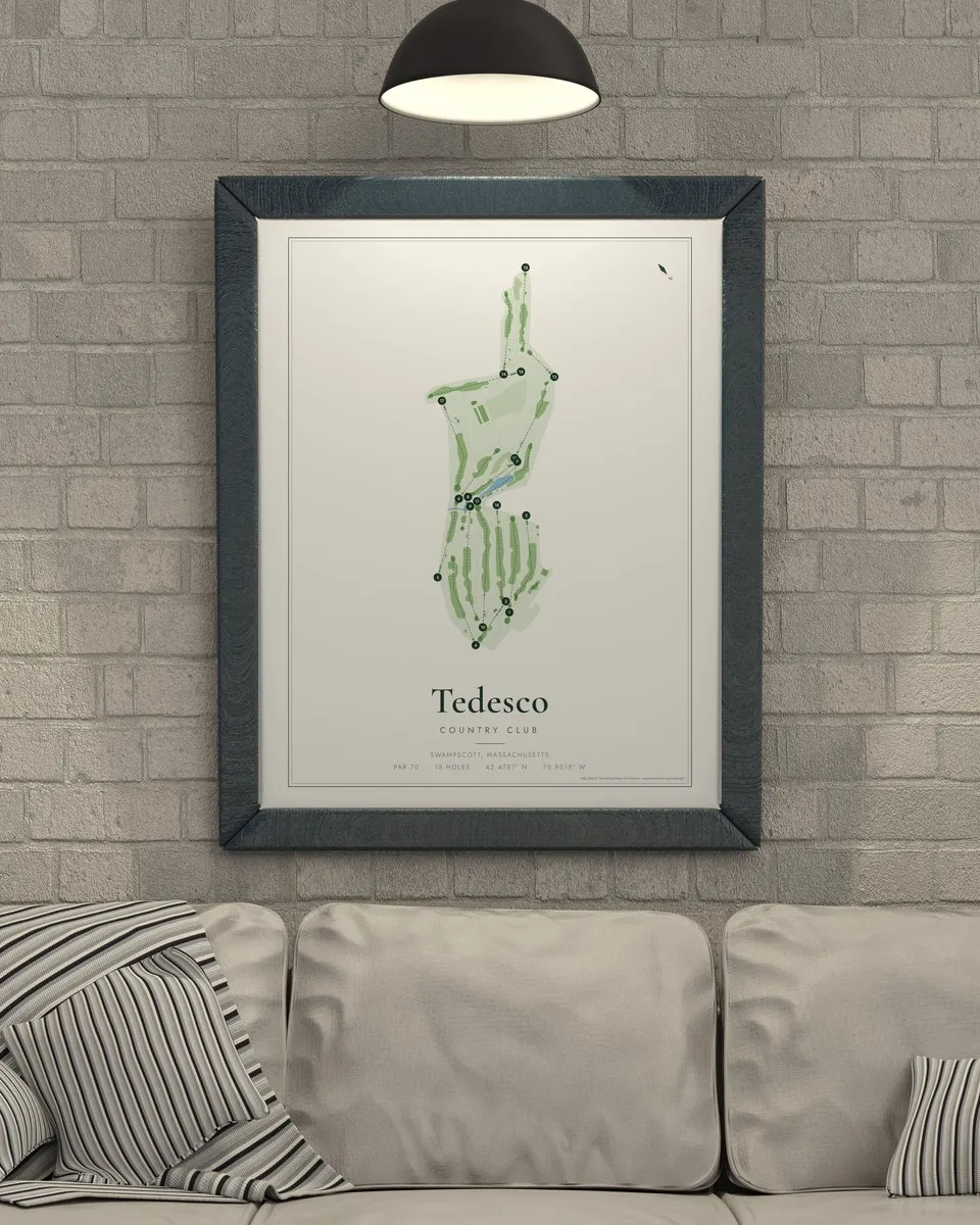 Tedesco Country Club golf course map print framed on a wall