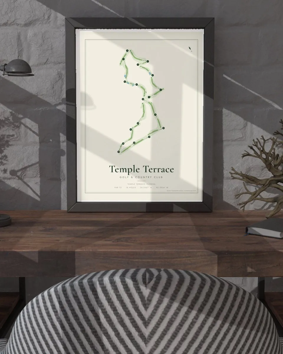 Temple Terrace Golf & Country Club golf course map print framed on a wall