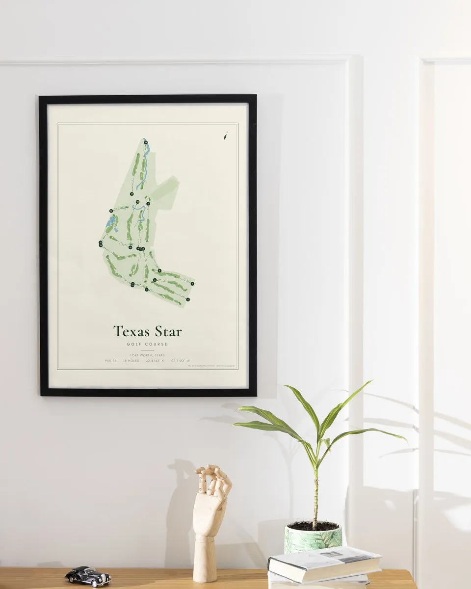 Texas Star Golf Course golf course map print framed on a wall