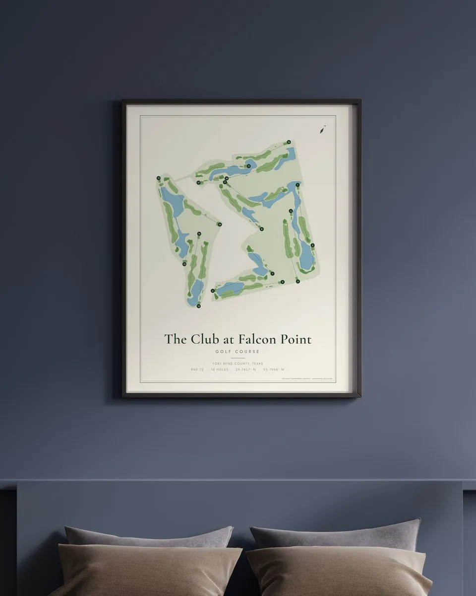 The Club at Falcon Point golf course map print framed on a wall