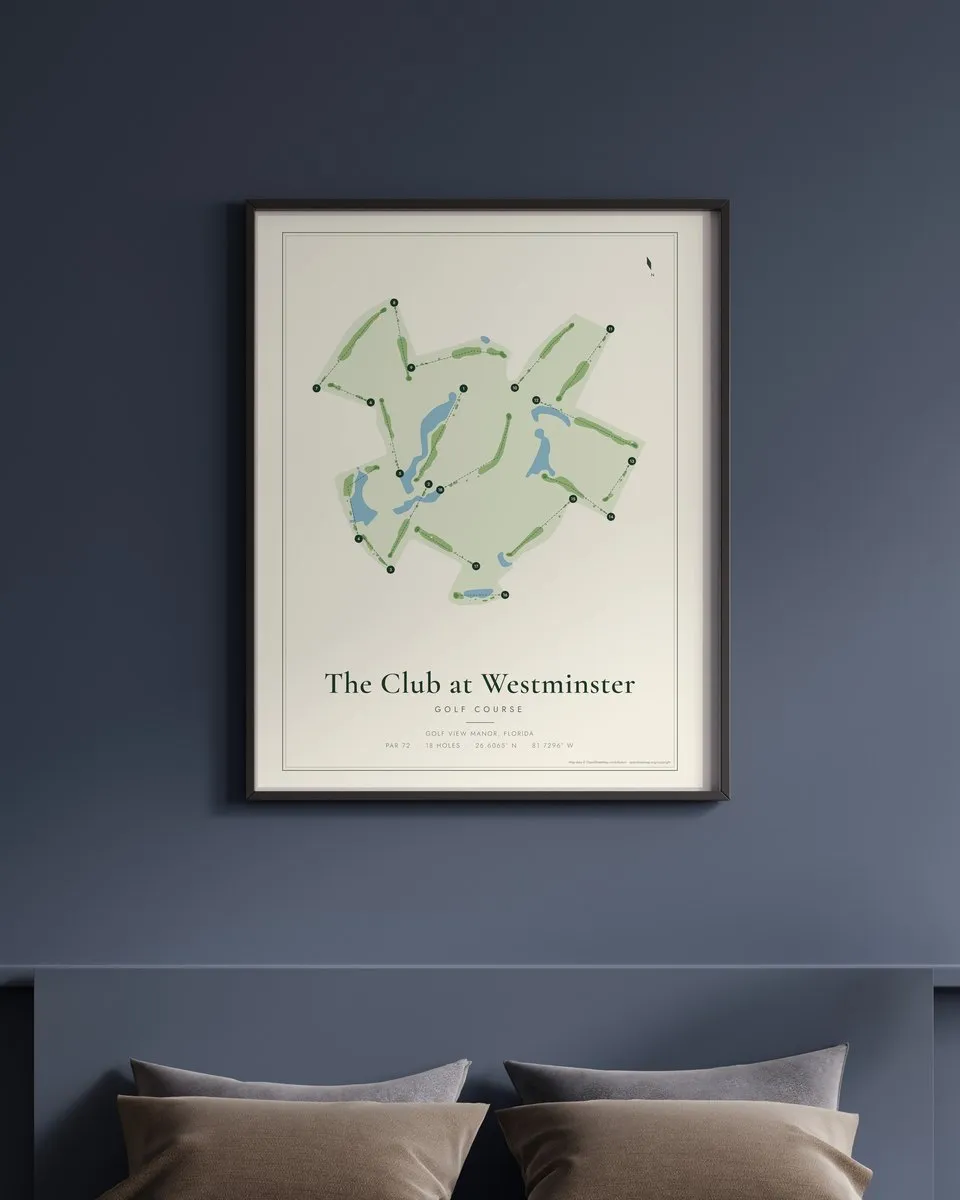 The Club at Westminster golf course map print framed on a wall