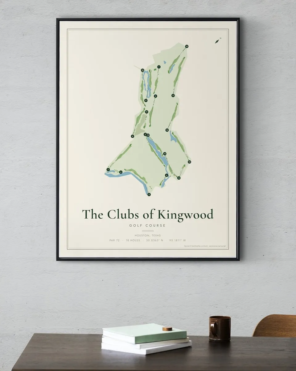 The Clubs of Kingwood - Forest Course golf course map print framed on a wall