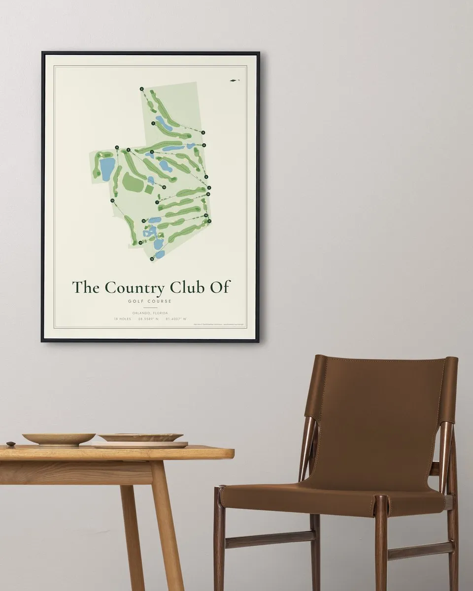 The Country Club Of Orlando golf course map print framed on a wall