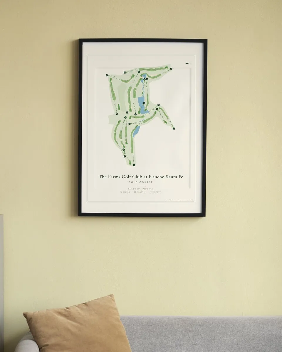 The Farms Golf Club at Rancho Santa Fe golf course map print framed on a wall