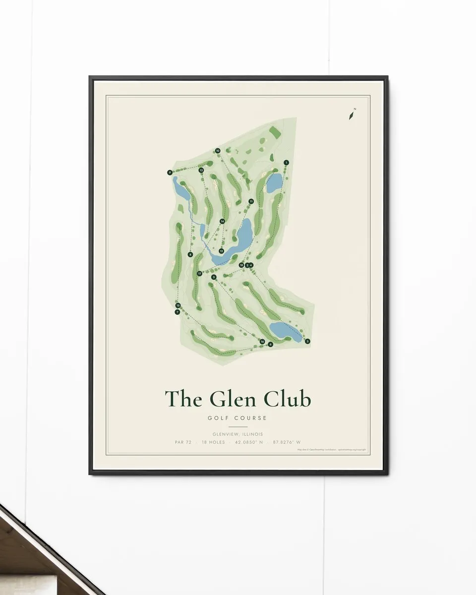 The Glen Club golf course map print framed on a wall