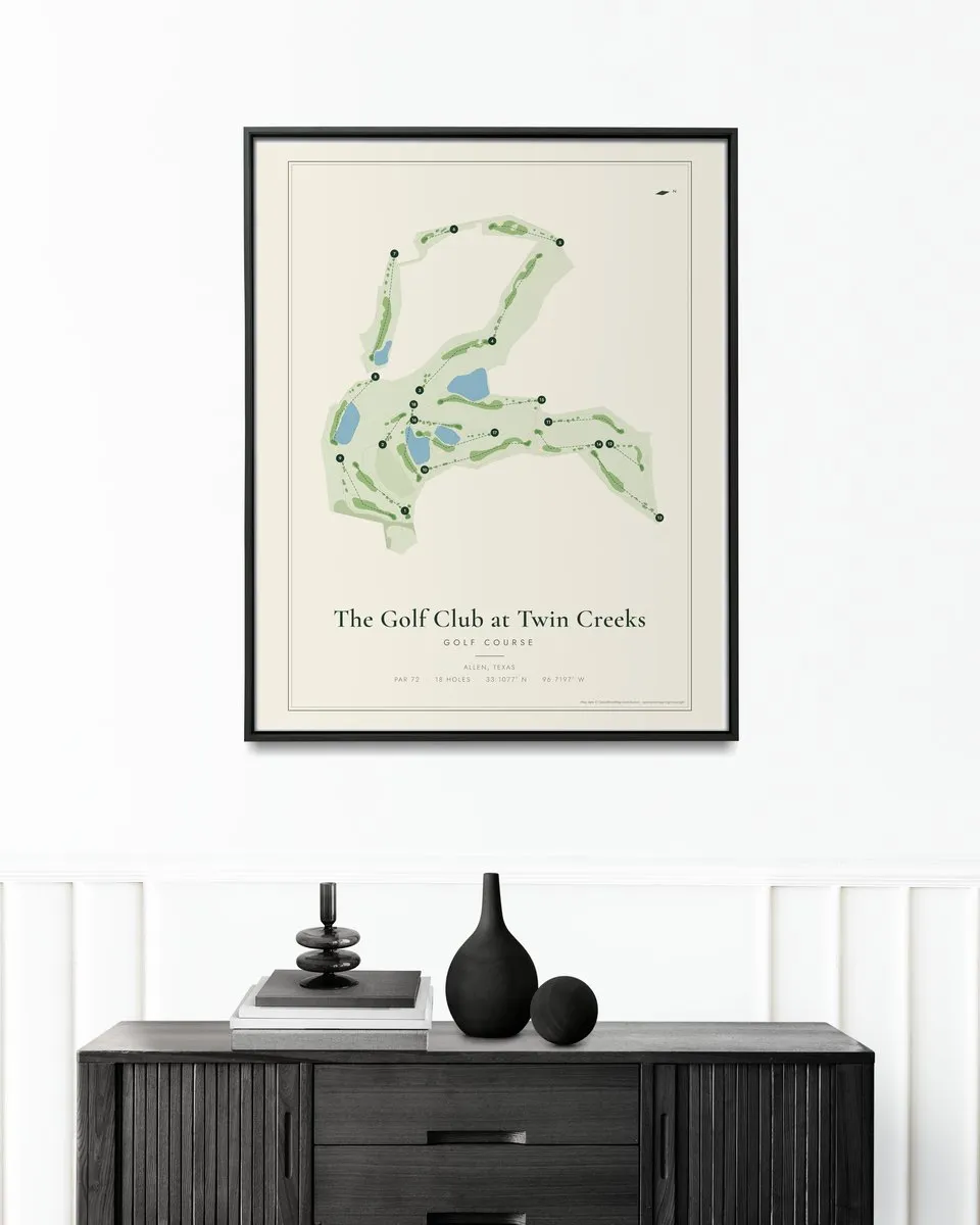 The Golf Club at Twin Creeks golf course map print framed on a wall