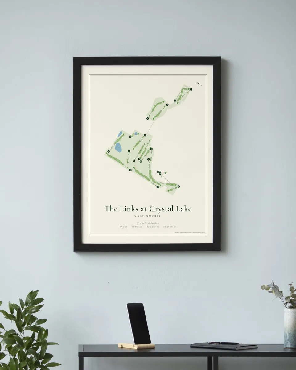 The Links at Crystal Lake golf course map print framed on a wall