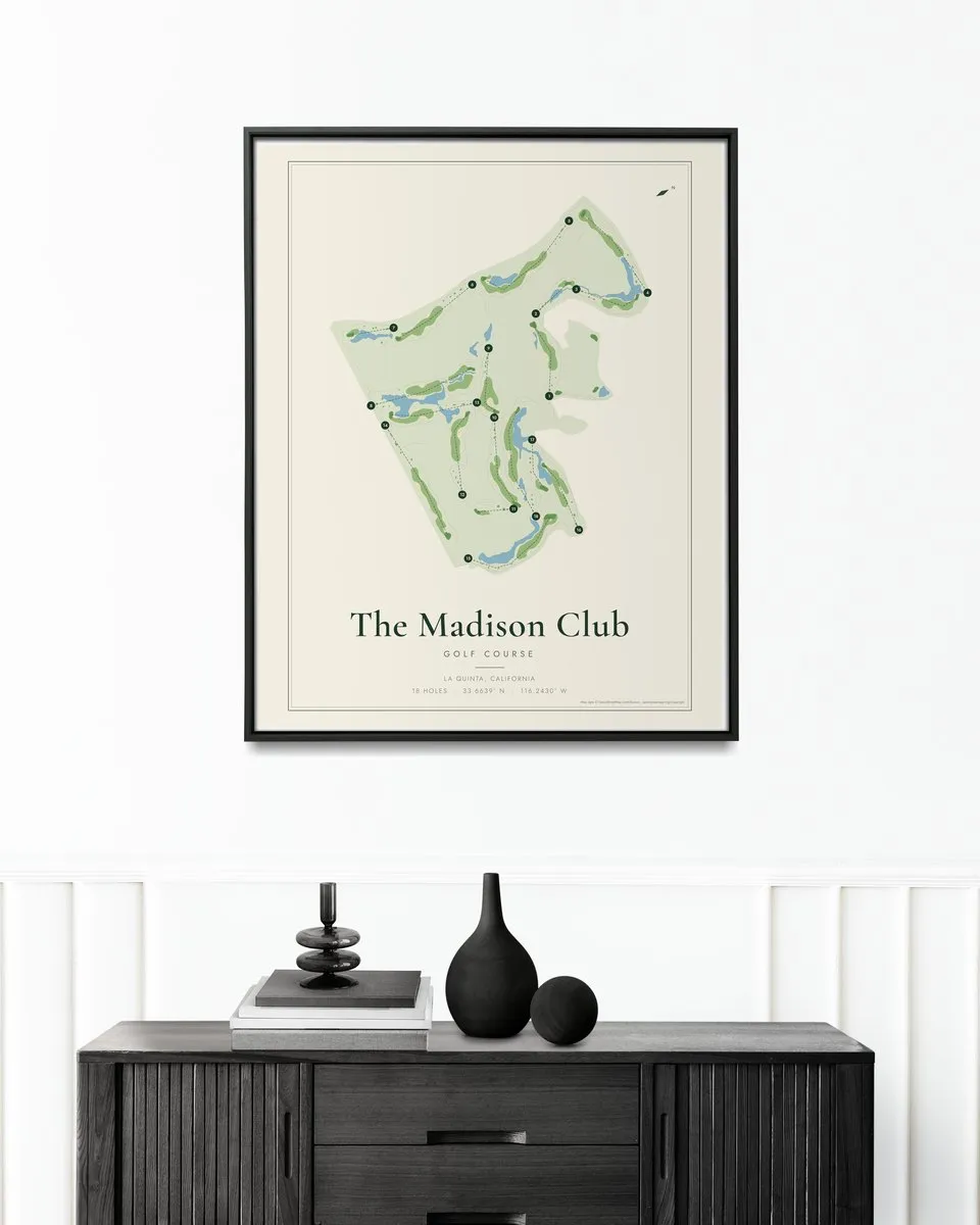 The Madison Club golf course map print framed on a wall