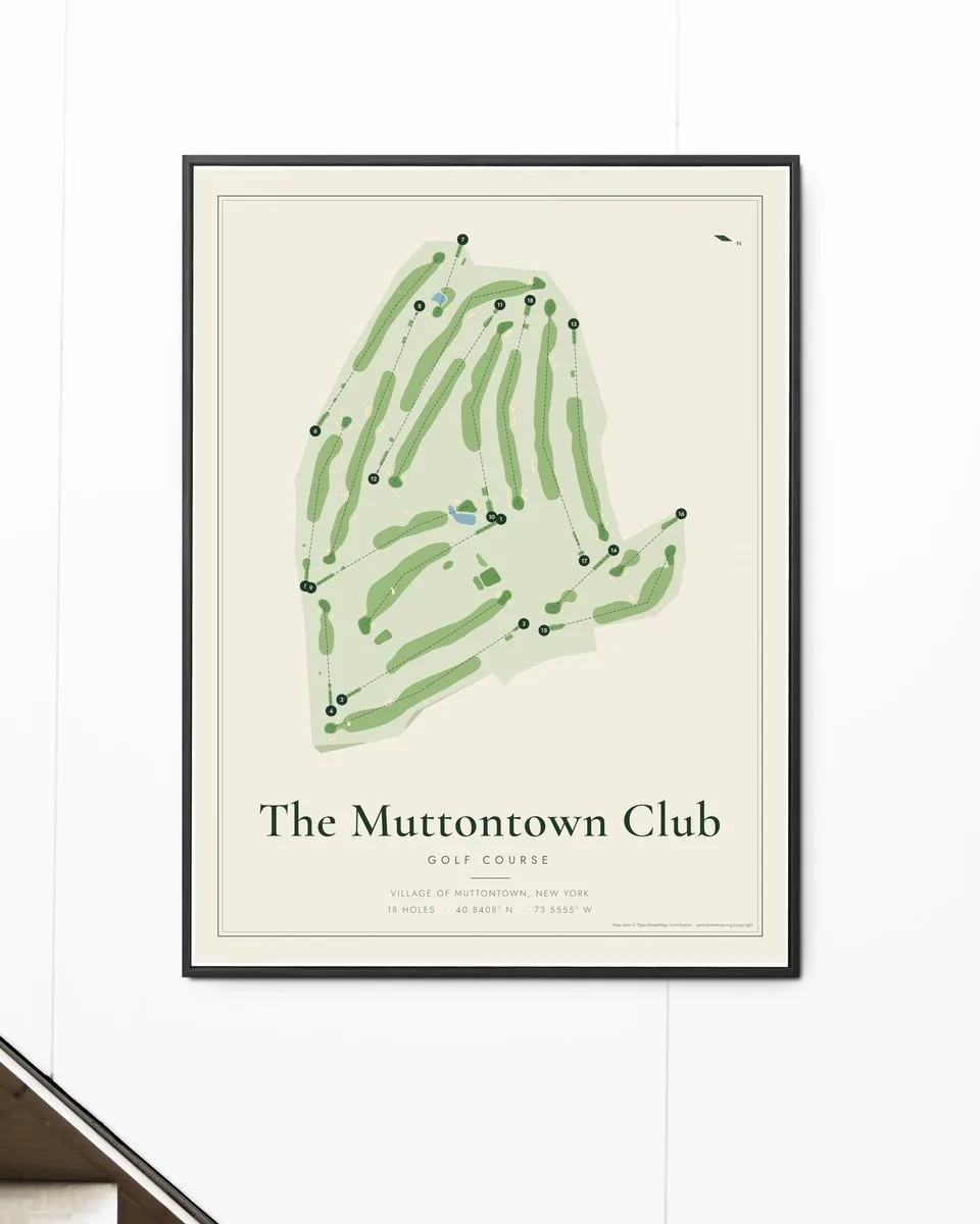 The Muttontown Club golf course map print framed on a wall