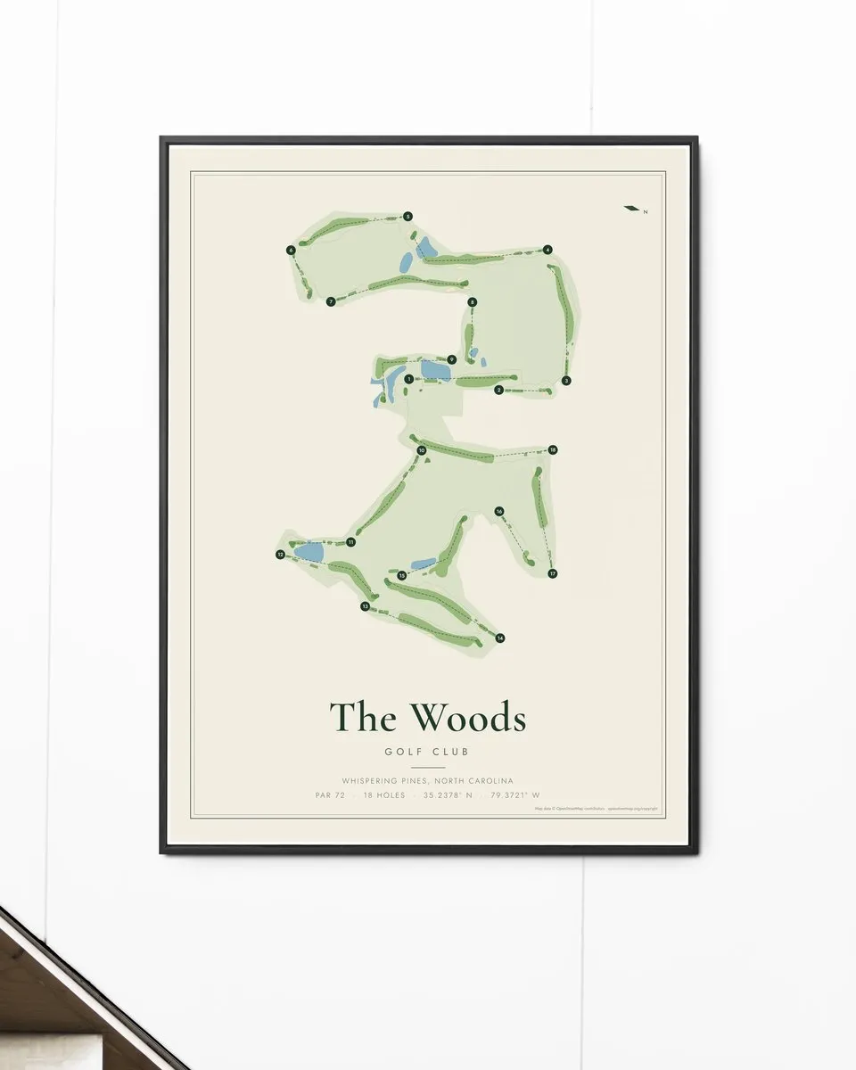The Woods Golf Club golf course map print framed on a wall