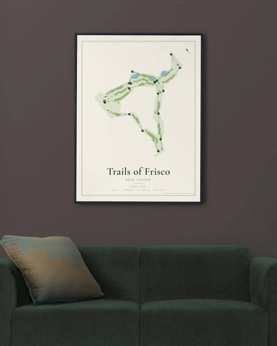 Trails of Frisco Golf Course golf course map print framed on a wall