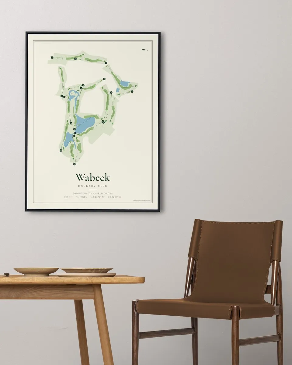 Wabeek Country Club golf course map print framed on a wall